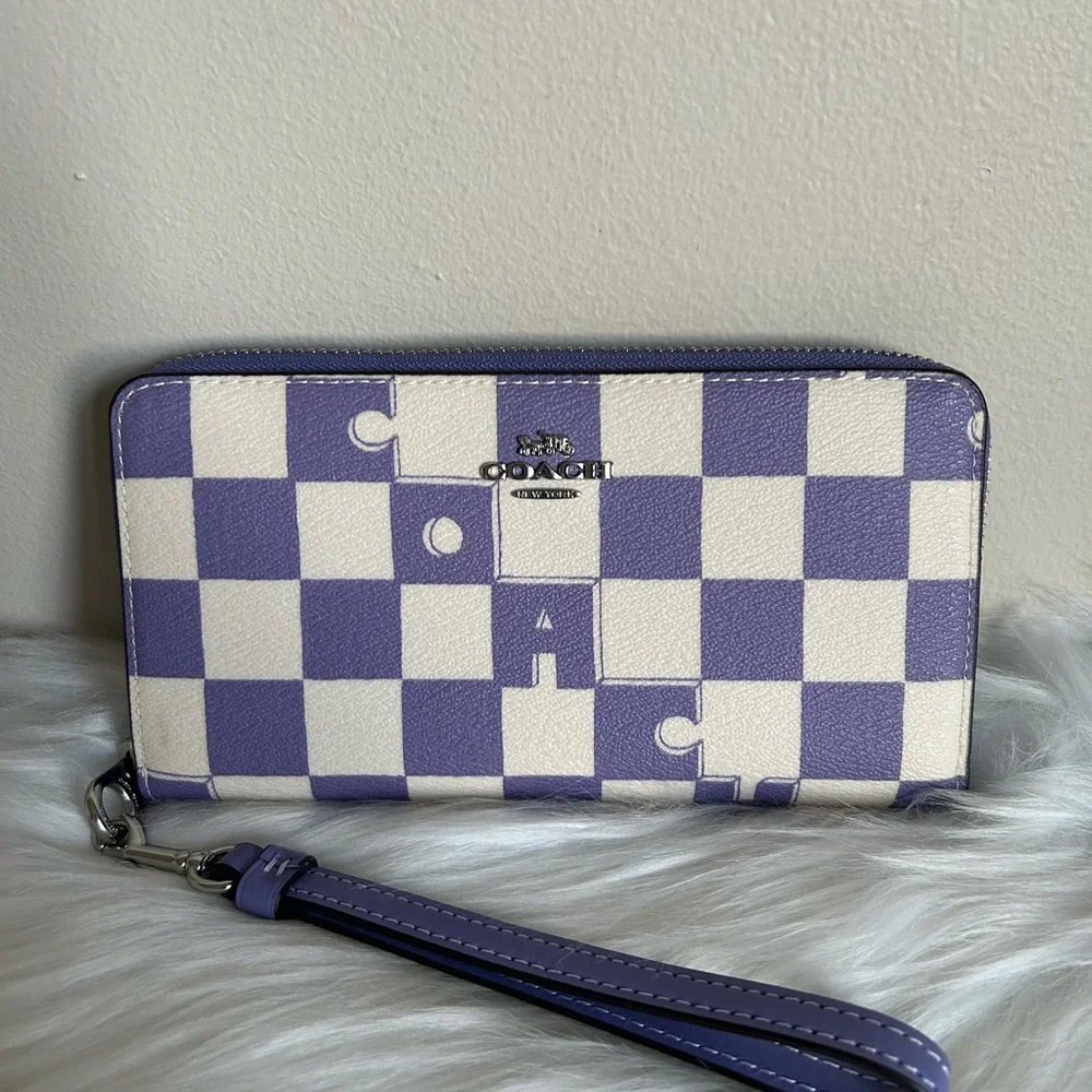 Coach Accordion Zip Purple White Checkered Leather Wristlet Wallet Excellent